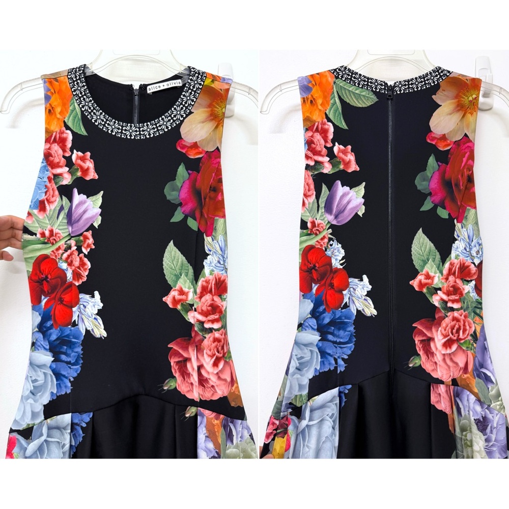 Alice + Olivia Adley Drop Waist Midi Dress Garden Brunch Black Floral Colorful 4 - Picture 5 of 16